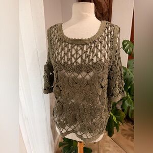 Chico’s‎ Olive Crochet Lace Top Open Knit Floral Blouse Size Medium